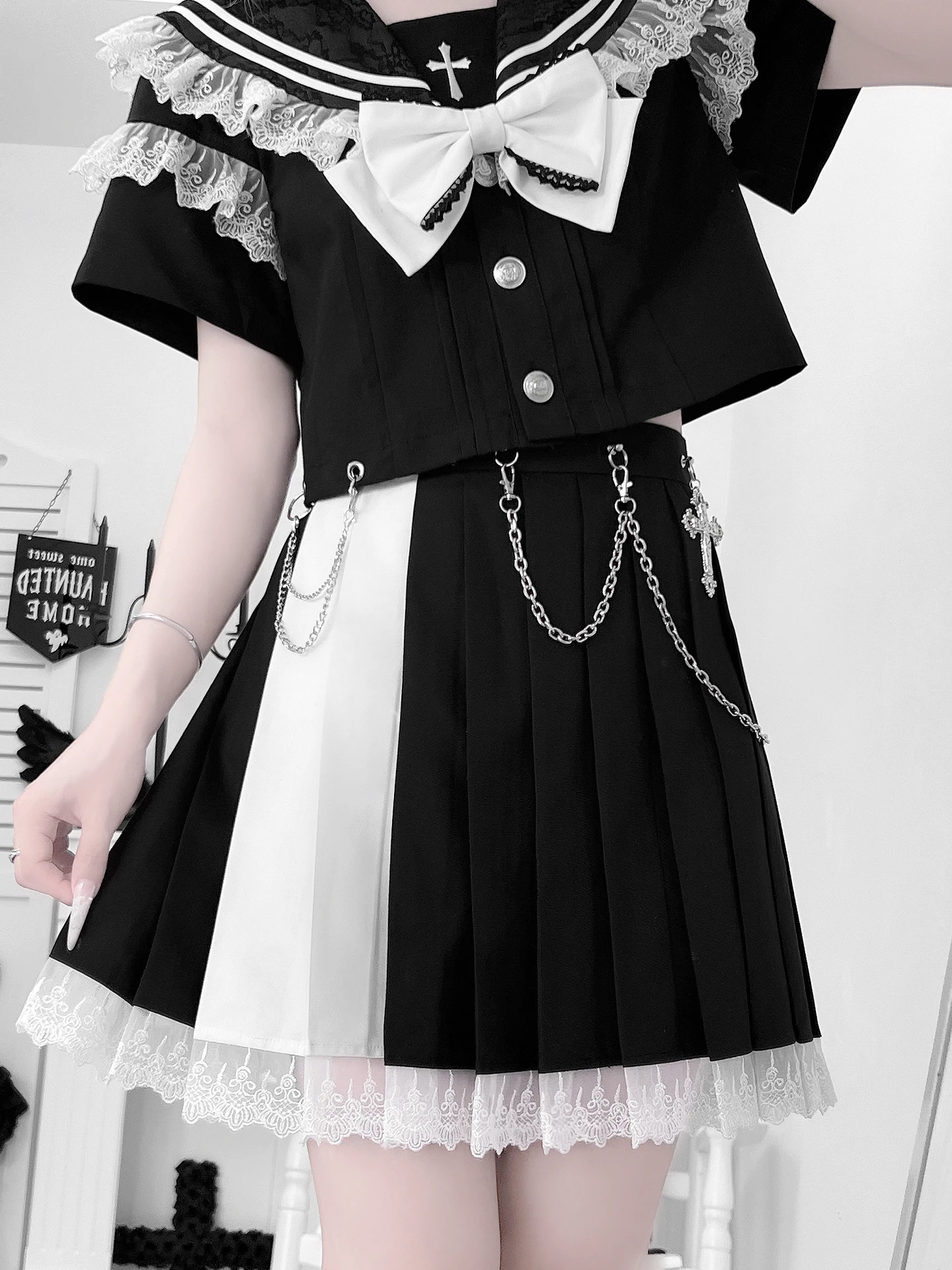 ญี่ปุ่นMineกระโปรง + ชิ้นชุดSubculture Black GothicสาวหวานCool Lolitaชุดลูกไม้Navy Collar Topชุดกระโปรง