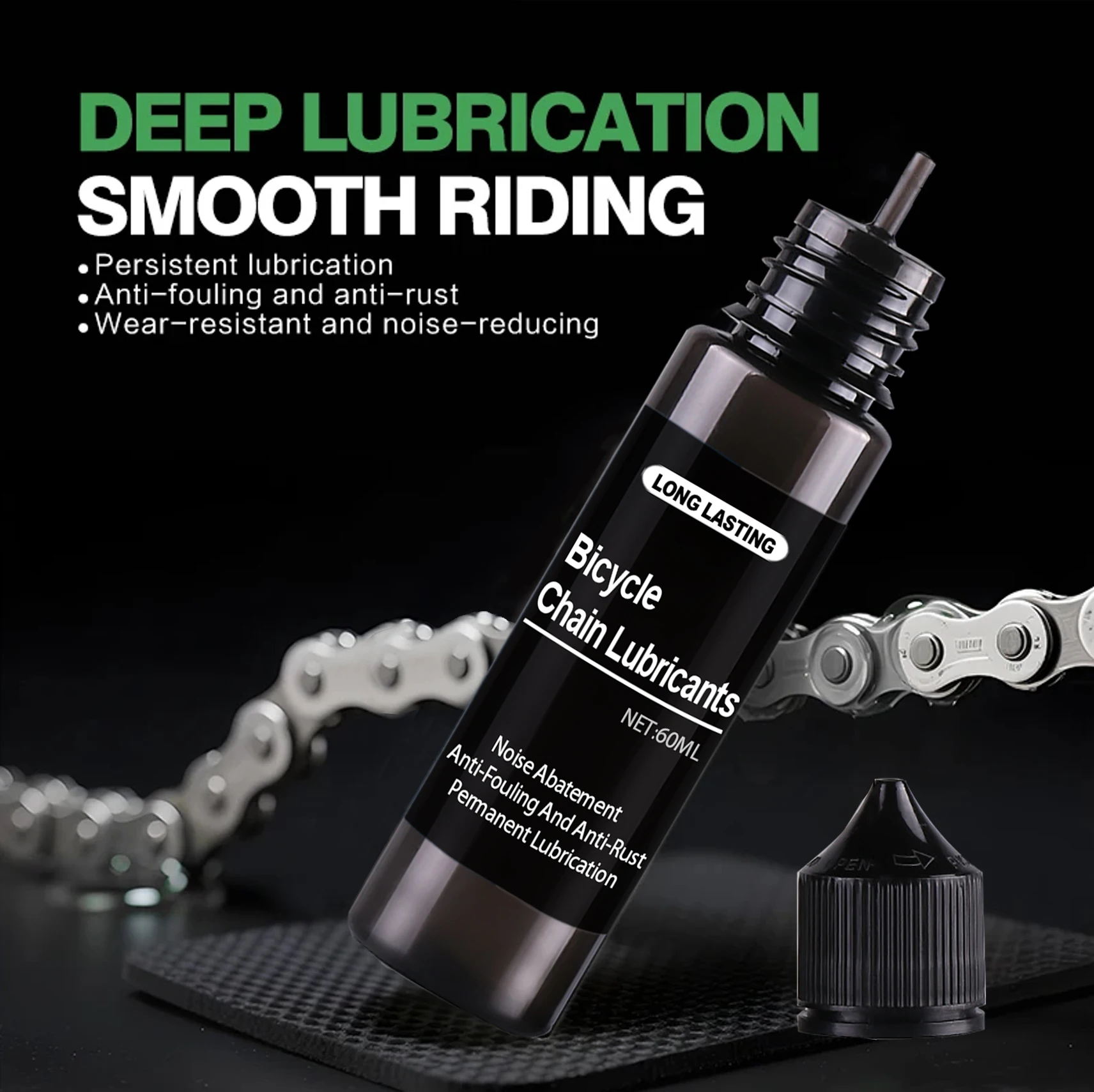 Óleo para corrente de bicicleta 60ml, lubrificante de alto desempenho, à prova de poeira, não suja facilmente, portátil, reduz o ruído da corrente.