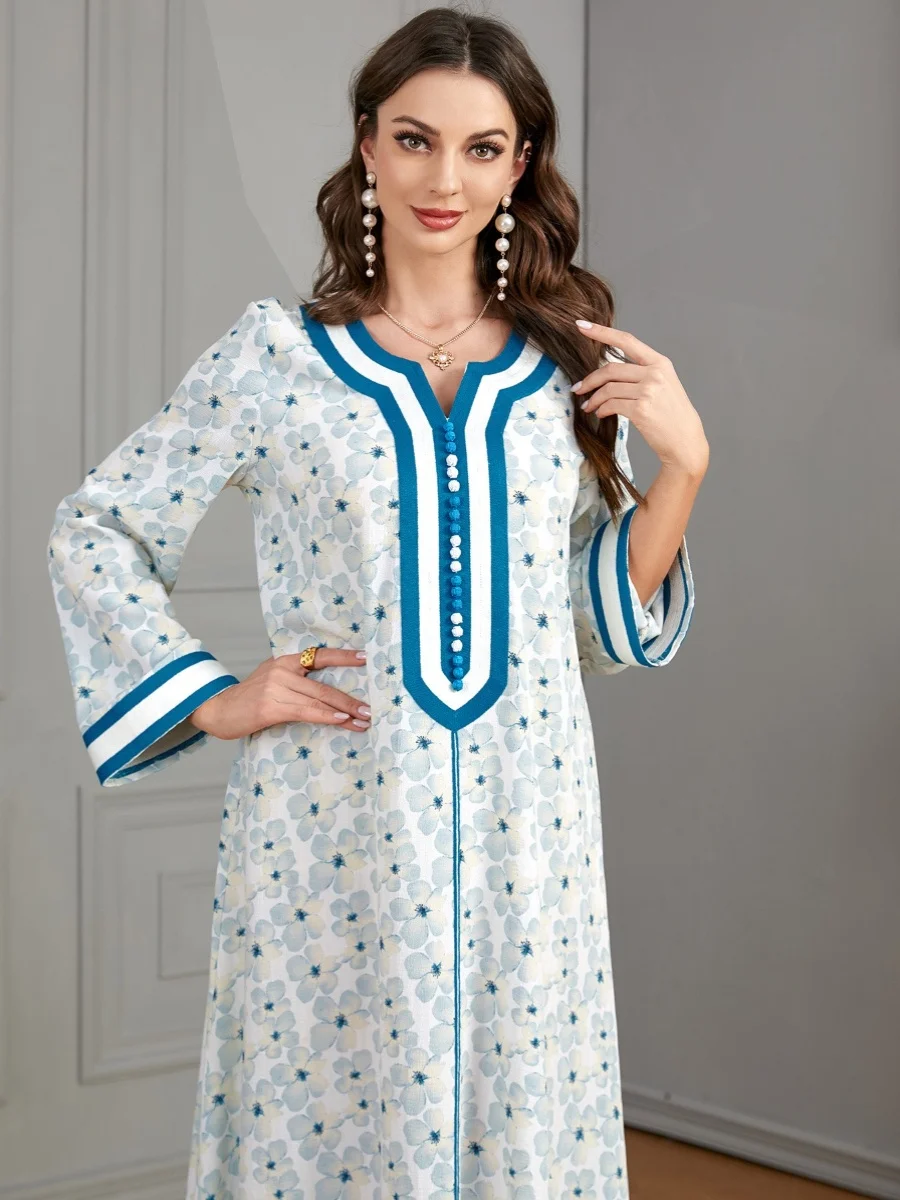 Indonesia Middle East New Printed Long-Sleeved Women's Dress Casual Stitching Embroidered Robe