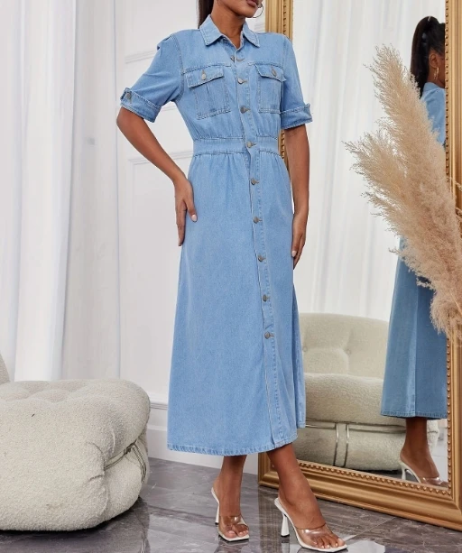 Women\'s Denim Dress 2024 Spring and Summer Casual Denim Polo Collar A-Line Short Sleeved Pocket Design Personalized Long Dress