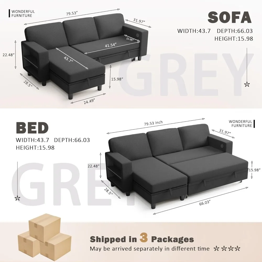 Sleeper Sofa Bed, L Shaped Sectional Convertible Couch with Storage Chaise, USB Charging Ports & 2 Built-in Bookshelves