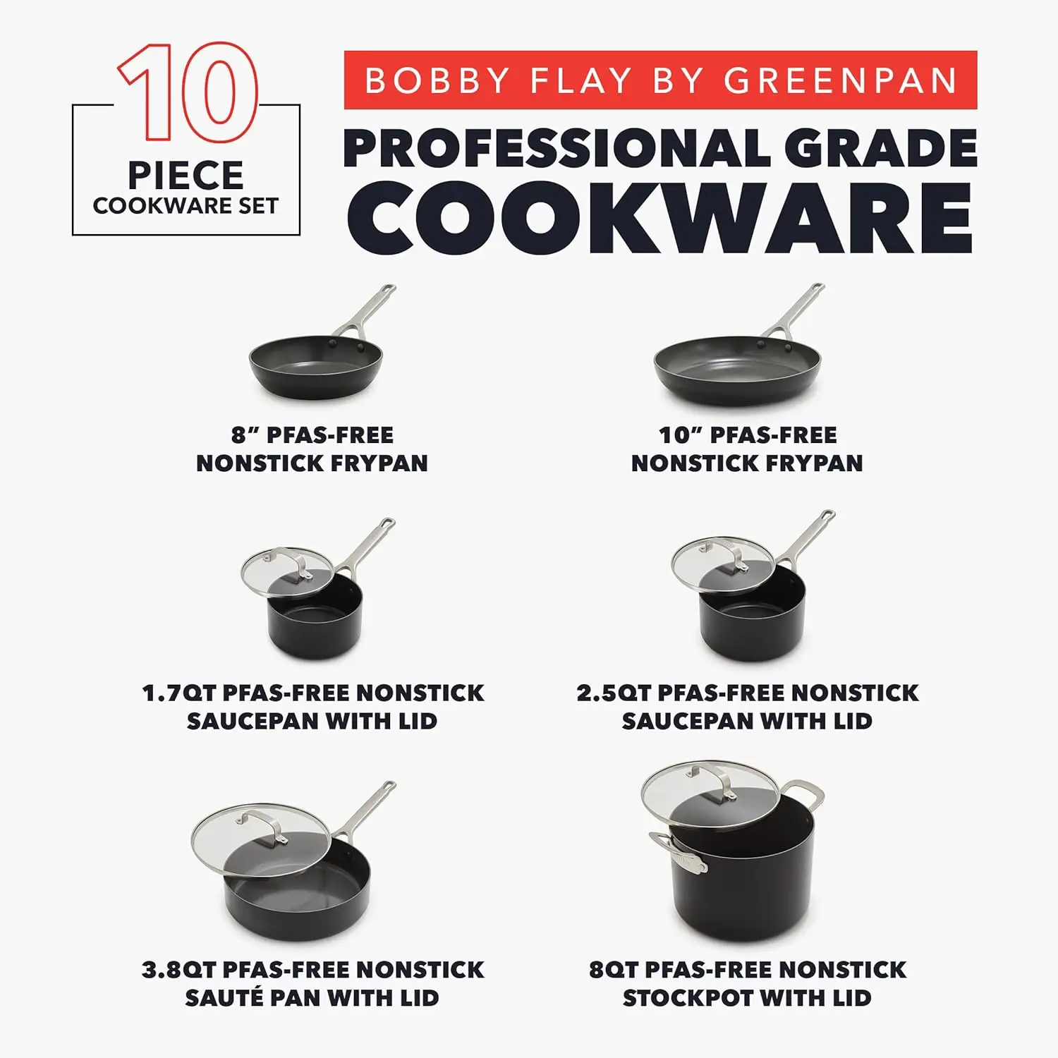 طقم أواني طهي صلبة مؤكسدة غير لاصقة مكونة من 10 قطع، أوعية ومقالي سيراميك خالية من مادة PFAS، مناسبة للحث، مقالي، مقلي، طقم صلصة، مخزون