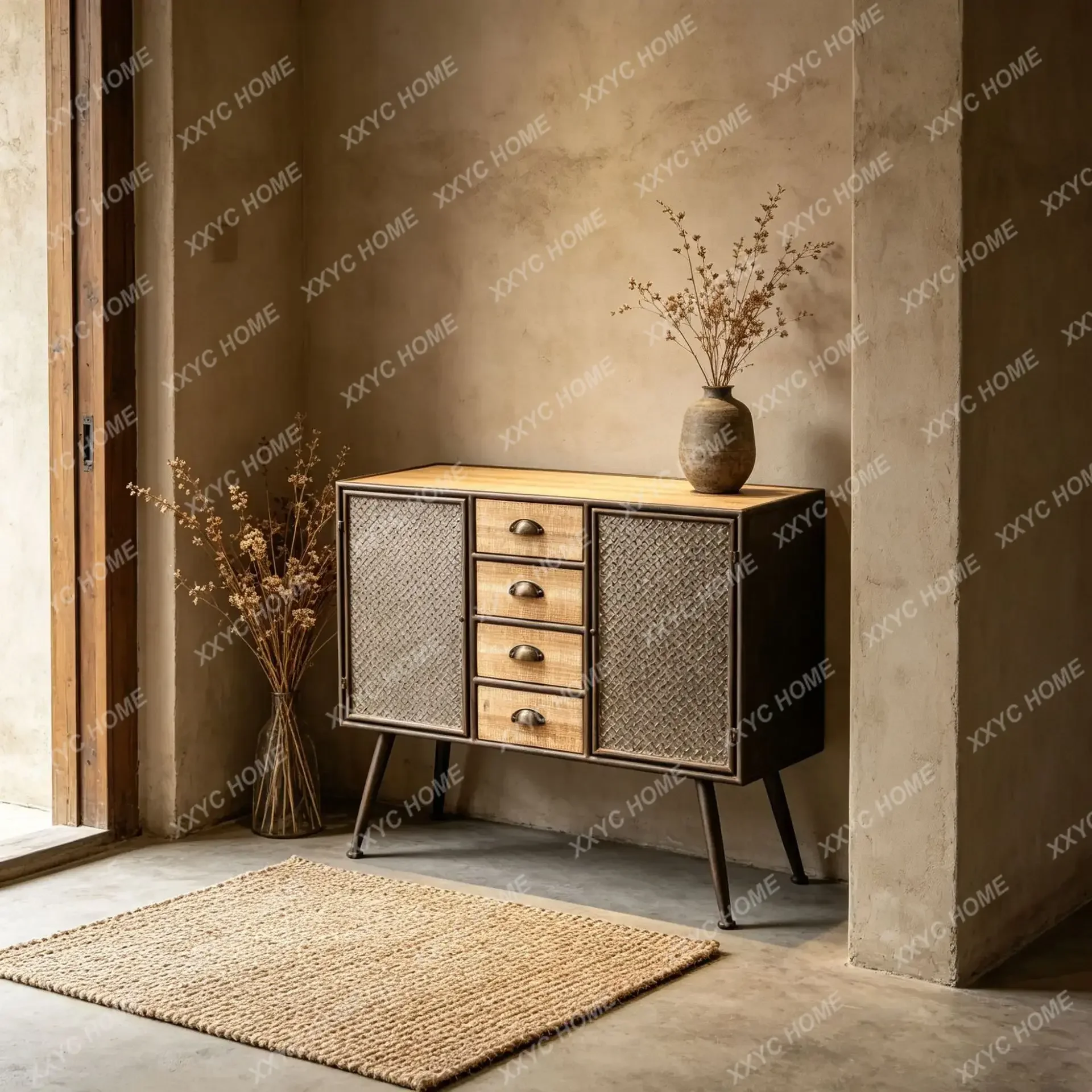 retro wrought iron chest, industrial wind wood iron dining side, 2 door and four pumping living room entrance loc