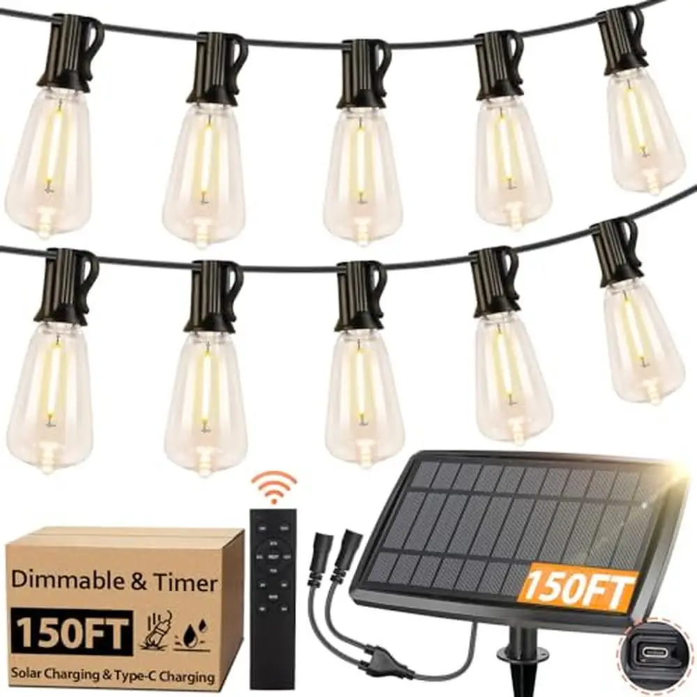 Solar Powered String Lights with 52 Shatterproof Bulbs & Remote Control Dimmable LED Patio Wedding Party Waterproof & Easy