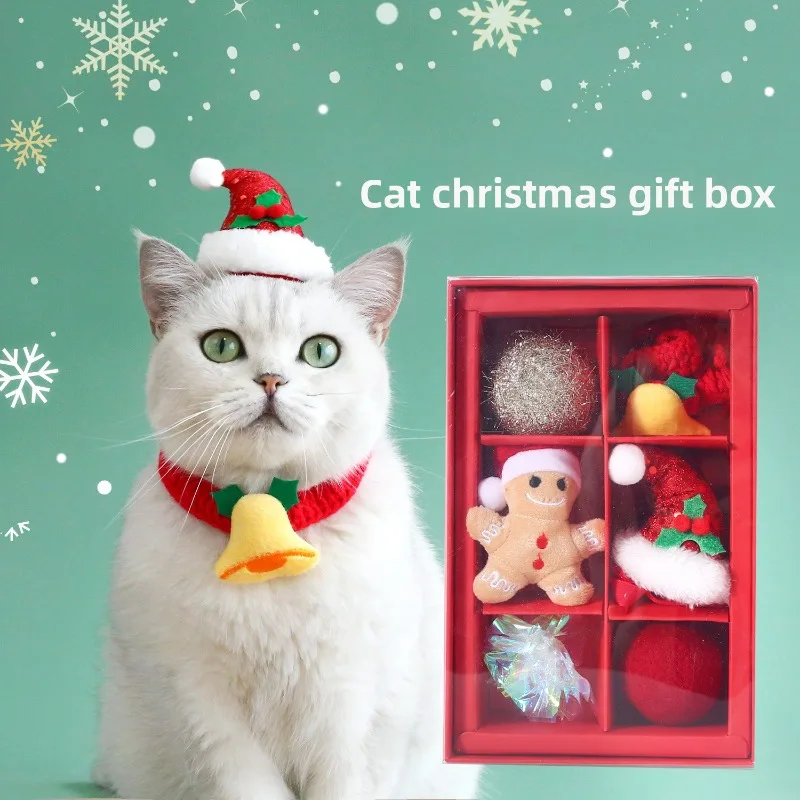 

2025 Hot Seller Cat Christmas Toy Gift Box Wool Ball Hat Knitted Bell Collar Wool Ball Pet Decoration Set Pet Toys