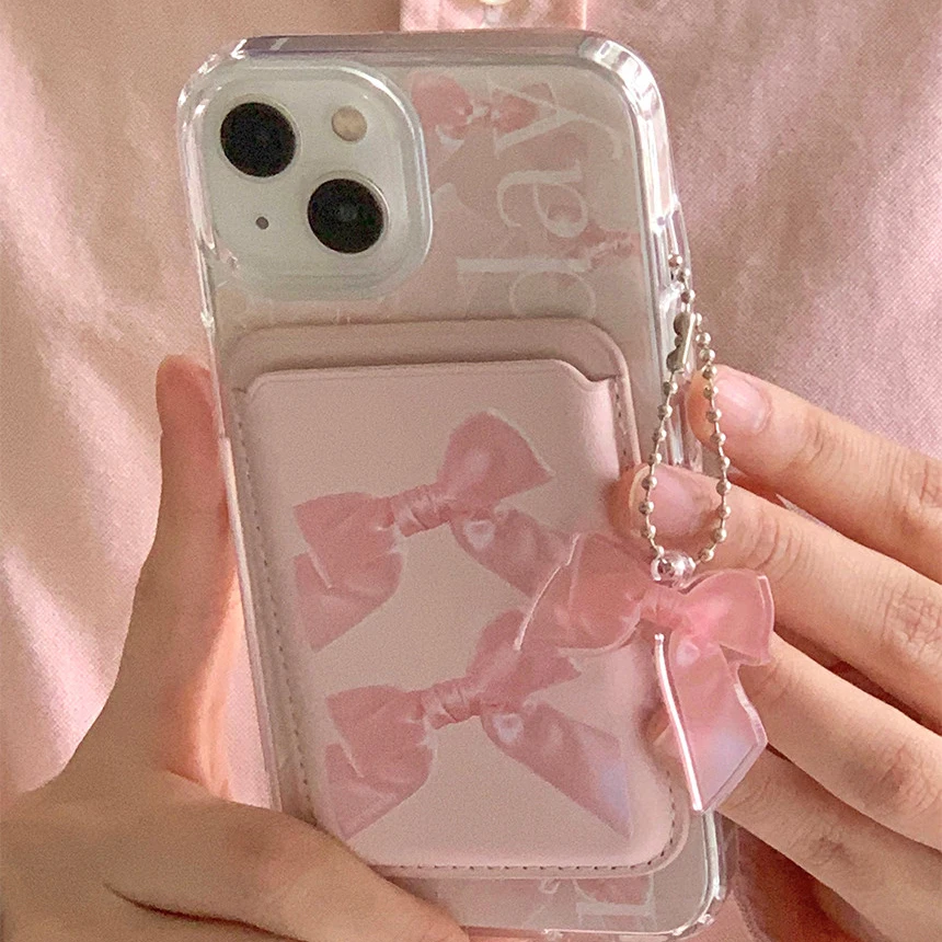 Korean Cute Ribbon Bow Wallet For Magsafe Wireless Charge Clear Phone Case For iPhone 15 14 13 12 11 Pro Max Card Holder Cover