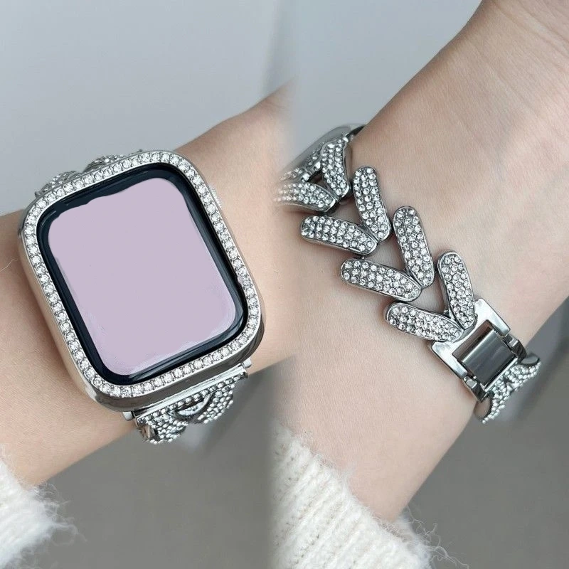 Luxury Glitter Diamonds Metal Bracelet Strap For Apple Watch Series 45mm 9 8 5 4 SE Ultra 2 Women Wristband For iWatch 40/44mm