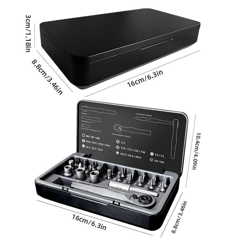 25-in-1 handmatige ratelschroevendraaierset, handgreep van aluminiumlegering, schroevendraaierbits van chroom-vanadiumstaal, voor thuis- en werkgebruik