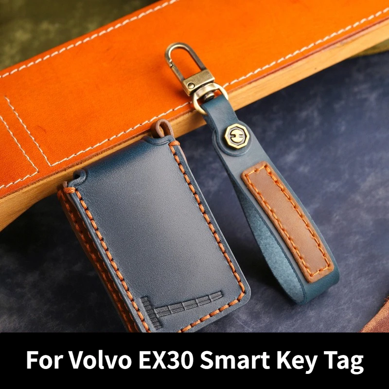 Vintage Top‑Grain Leather Key Cover With Keychain For Volvo EX30 Smart Key Tag,Full‑Wrap Scratch‑Resistant Protector Shell