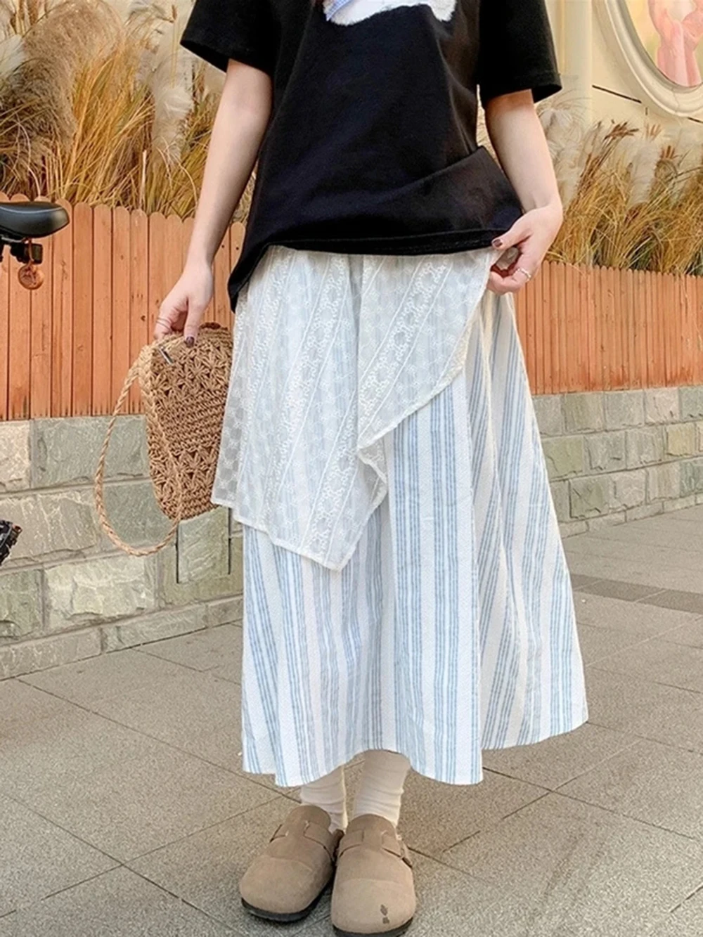 Gonna a righe blu in pizzo versione coreana Donna Estate 2025 Nuove gonne lunghe elastiche a vita alta Gonna ampia da vacanza a trapezio