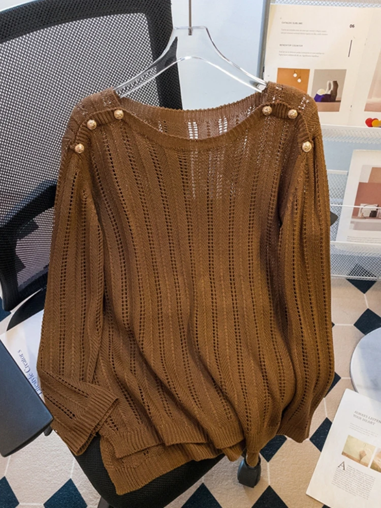 

Slimming Long Sleeve Knitted Top for Women Spring Autumn plus Size Hollow out Base Shirt Unique Personality Korean Style Loos...