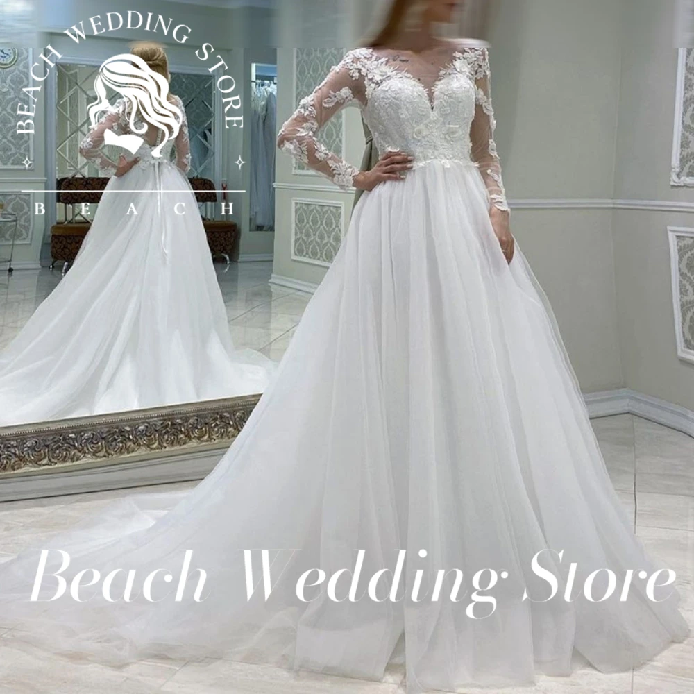 Praia personalizado casamento do vintage manga longa rendas apliques princesa com decote em v organza tule sheer tribunal trem branco para mulher