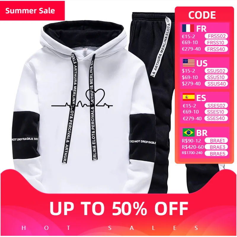 

Hot Sales Men's Tracksuit Printing Casual Hooded Sweatshirts Sweatpants 2 Piece Set Comfort Daily Classic Black White Men Set