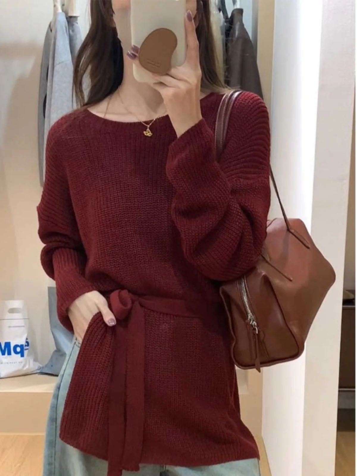 

Red round Ne Slit Knitted Sweater Women's Sle 2025 New Spring Autumn Lazy Sle Belted Loose Fit Long Sve Top