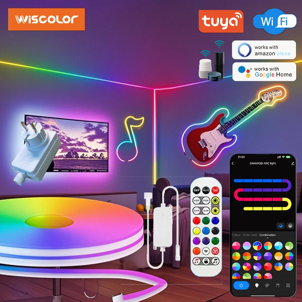

WISCOLOR WIFI RGBIC LED Neon Rope Lights Waterproof Music sync voice control Support Smart Life/TUYA/Alexa For Home Decoration
