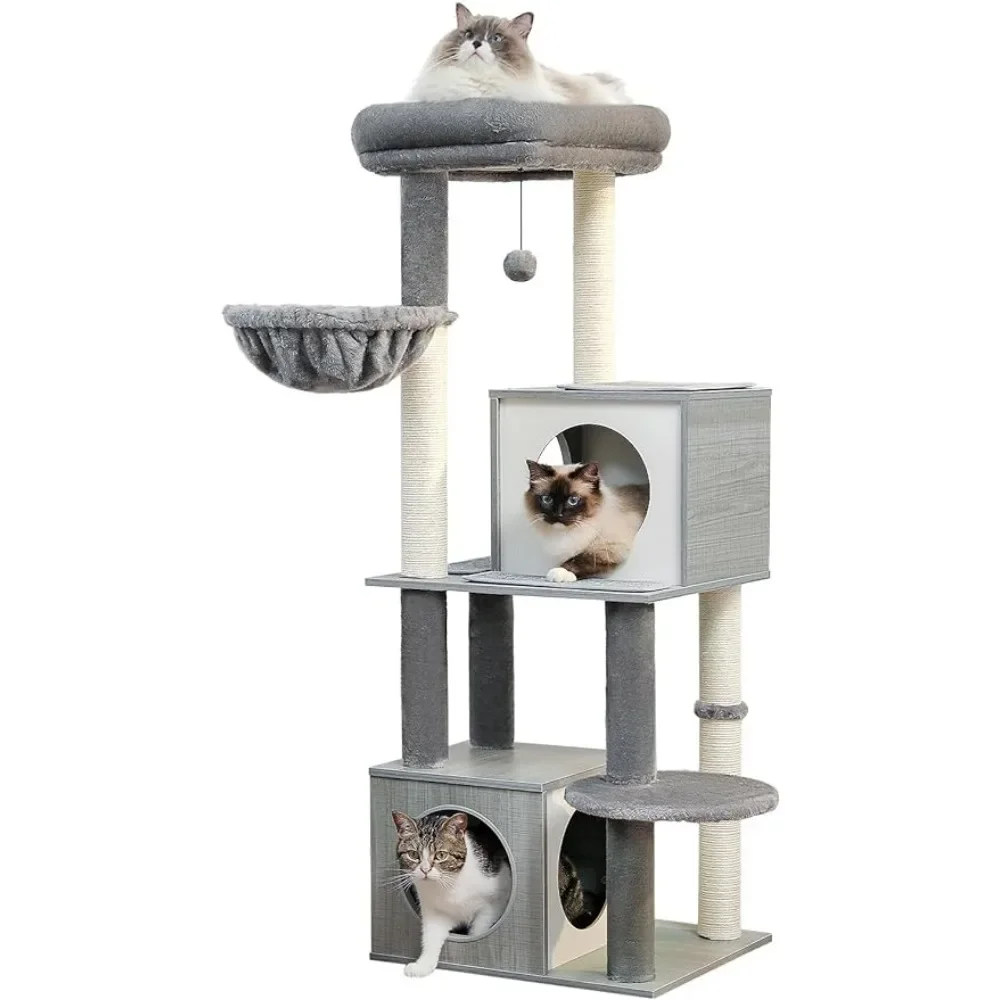 

Cat Tree, 51 Inches Wooden Cats Tower With Double Condos for Cats Products Large Perch Beds, Cat Tree