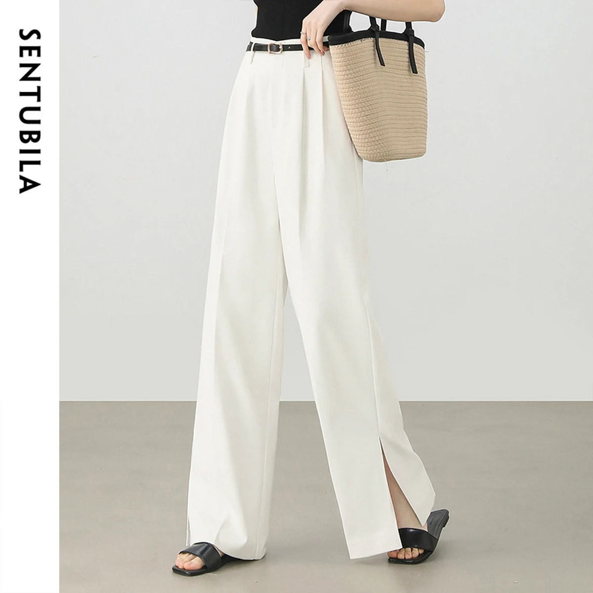 

SENTUBILA Slit-hem Sunscreen Pants for Women's 2025 Spring New Solid Folds High-waist Straight-leg Pants UPF50+ 151K58860
