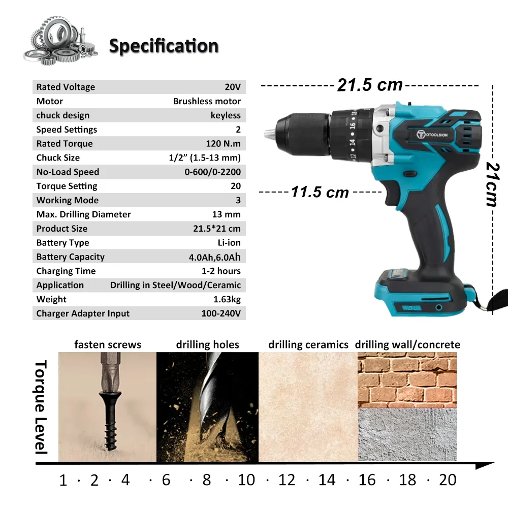 20V 13mm 120NM Brushless Impact Drill Cordless Drill Lithium-Ion Battery Electric Screwdriver Ice Fishing Ice Drill Screwdriver