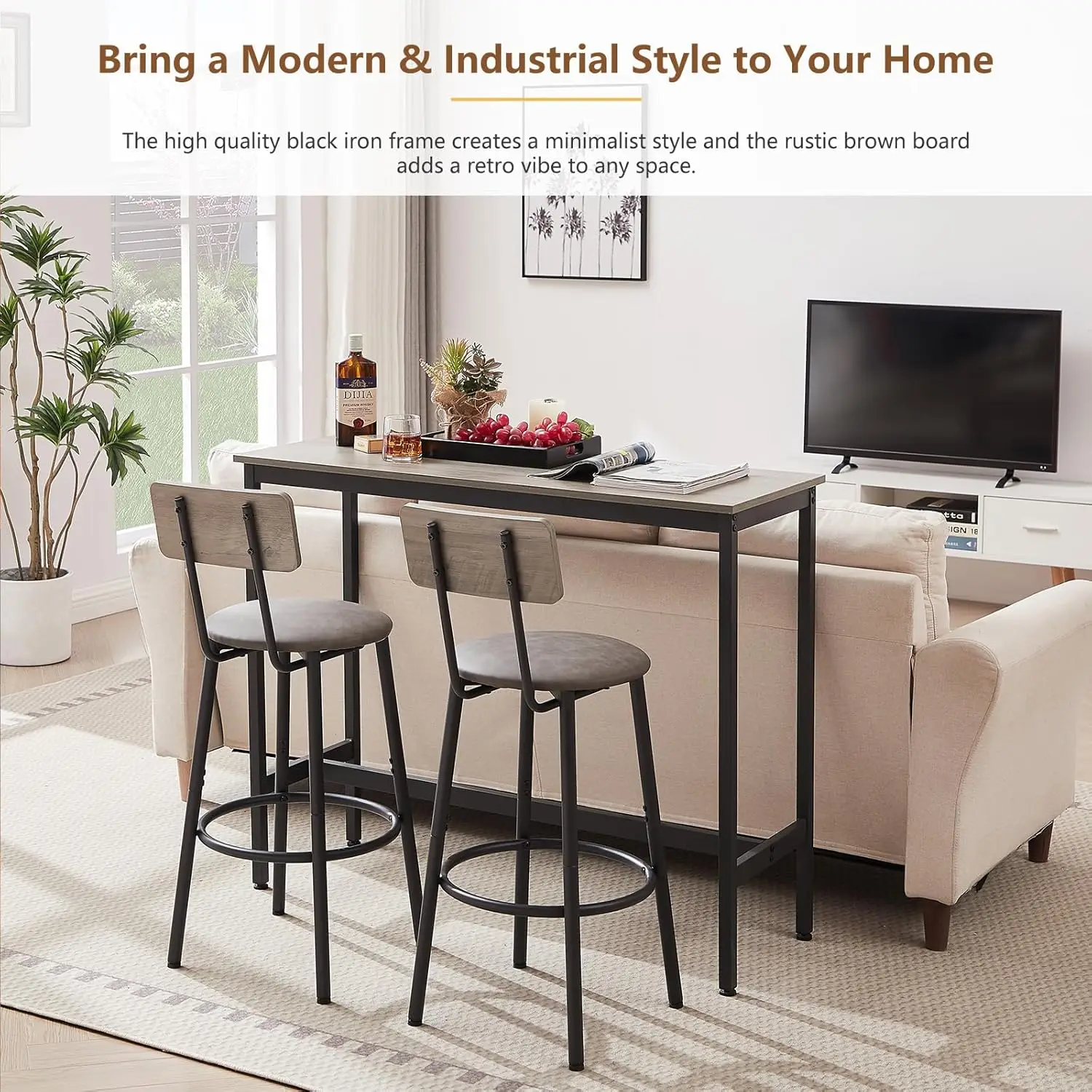 Estilo Industrial Bar Stools Conjunto com PU Estofos Assento com Encosto, Pub Mesa de Jantar, Cozinha e Apartamento, 3 PCs