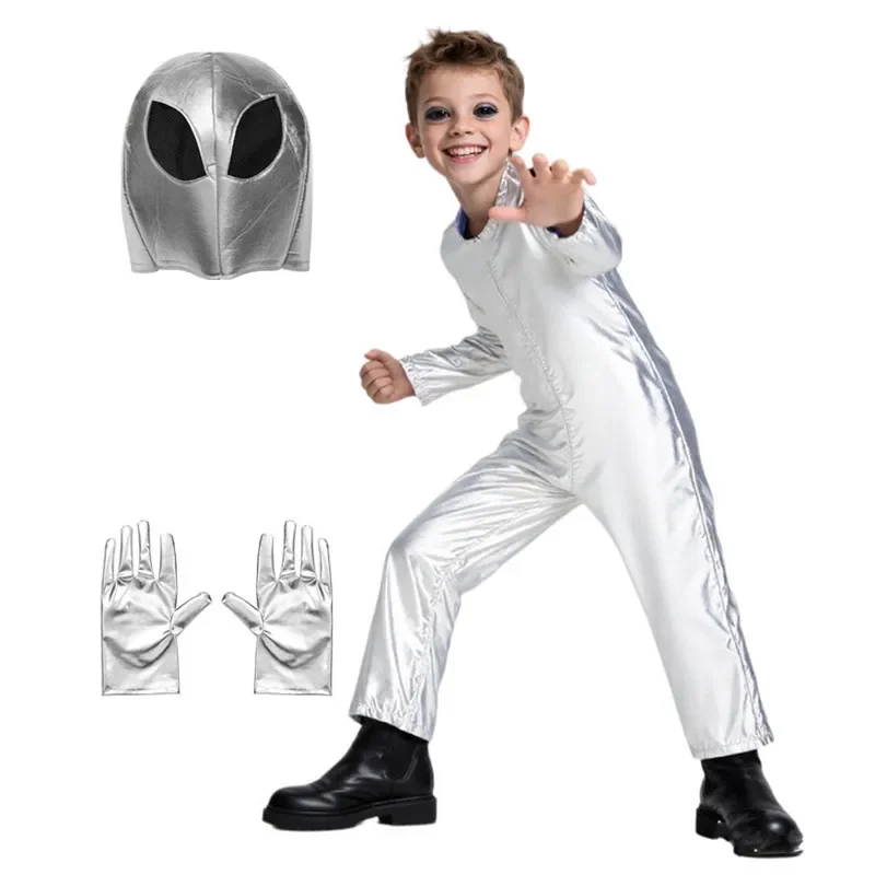 Disfraz de alienígena para niños, traje espacial de astronauta, traje de actuación de juego de rol de Halloween para niños y niñas con sombrero y guantes de regalo