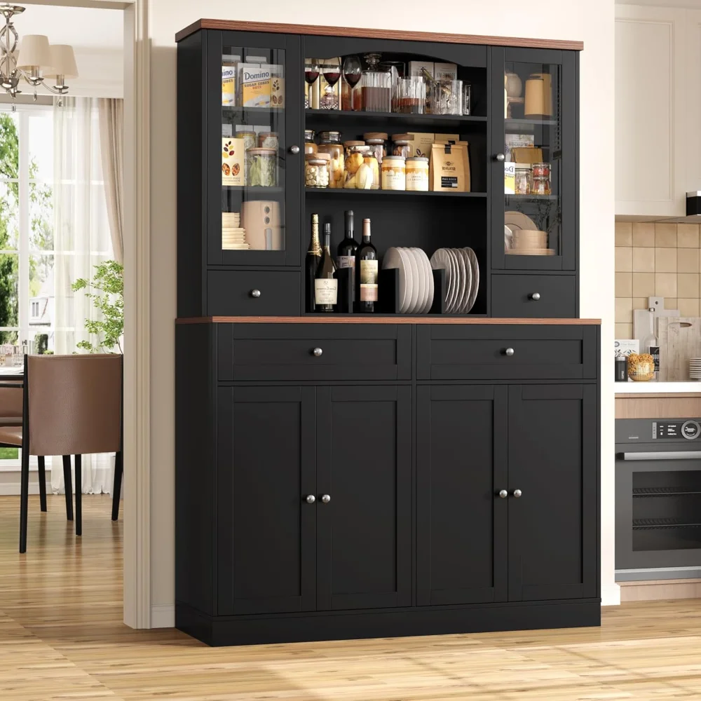 

71''H Kitchen Pantry Heavy-Duty Storage Cabinet, Tall Kitchen Pantry with 4 Drawers & Wine Rack & Glass Doors