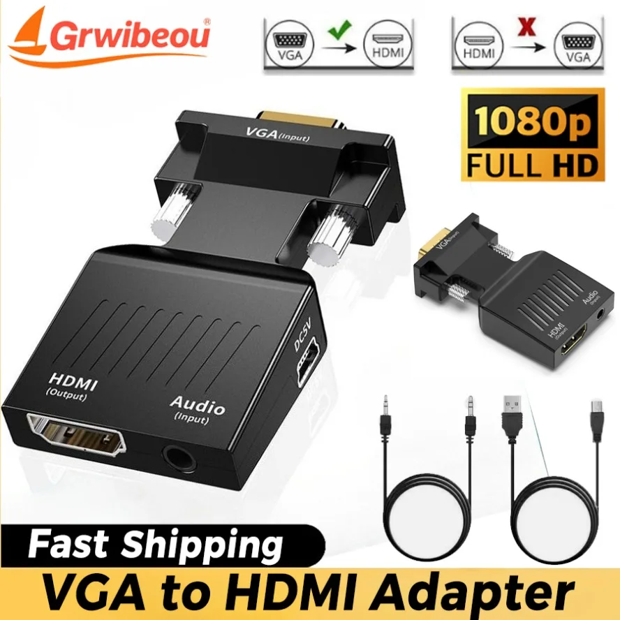 PS4 PC 노트북 TV 모니터 프로젝터용 3.5mm 오디오 케이블이 있는 VGA-HDMI 호환 변환기 1080P VGA 암-HD 수 어댑터