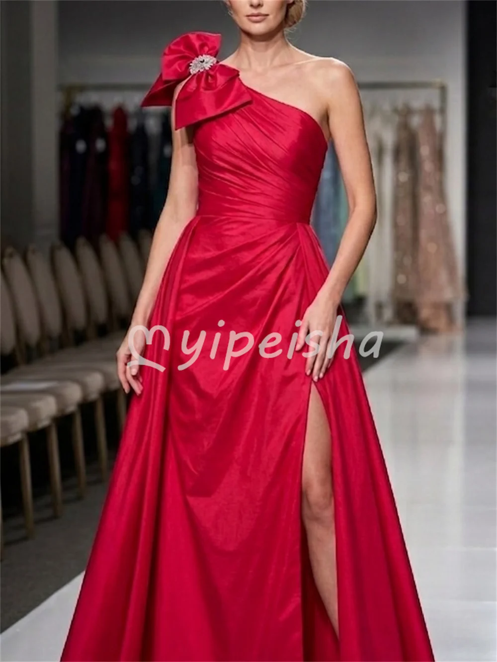 Casual Sizes Available Red Charmeuse Bow Crystal Pleat A-line One-shoulder Evening Dresses Floor-Length for Woman Customized