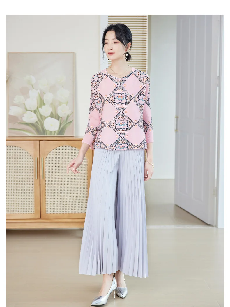 Miyake Pleated New Chinese Style Coat Women\'s Spring and Autumn Pink Shirt 2024 New Age-reducing Printed Loose Short Top