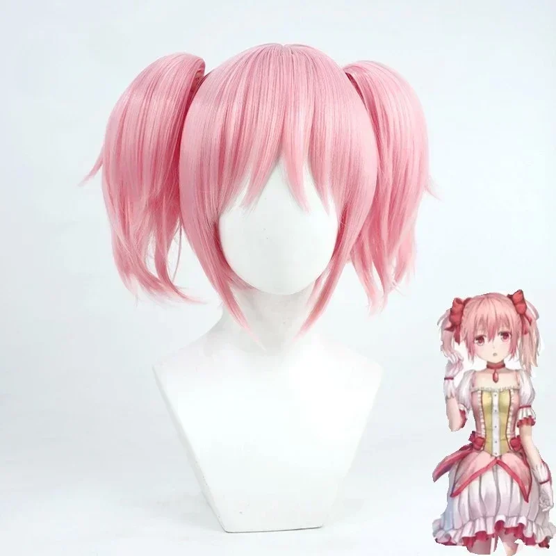 Puella magi madoka magica madoka kaname cosplay perücken rosa kurz 2 clip pferdes chwänze hitze beständige synthetische haar perücke perücken kappe