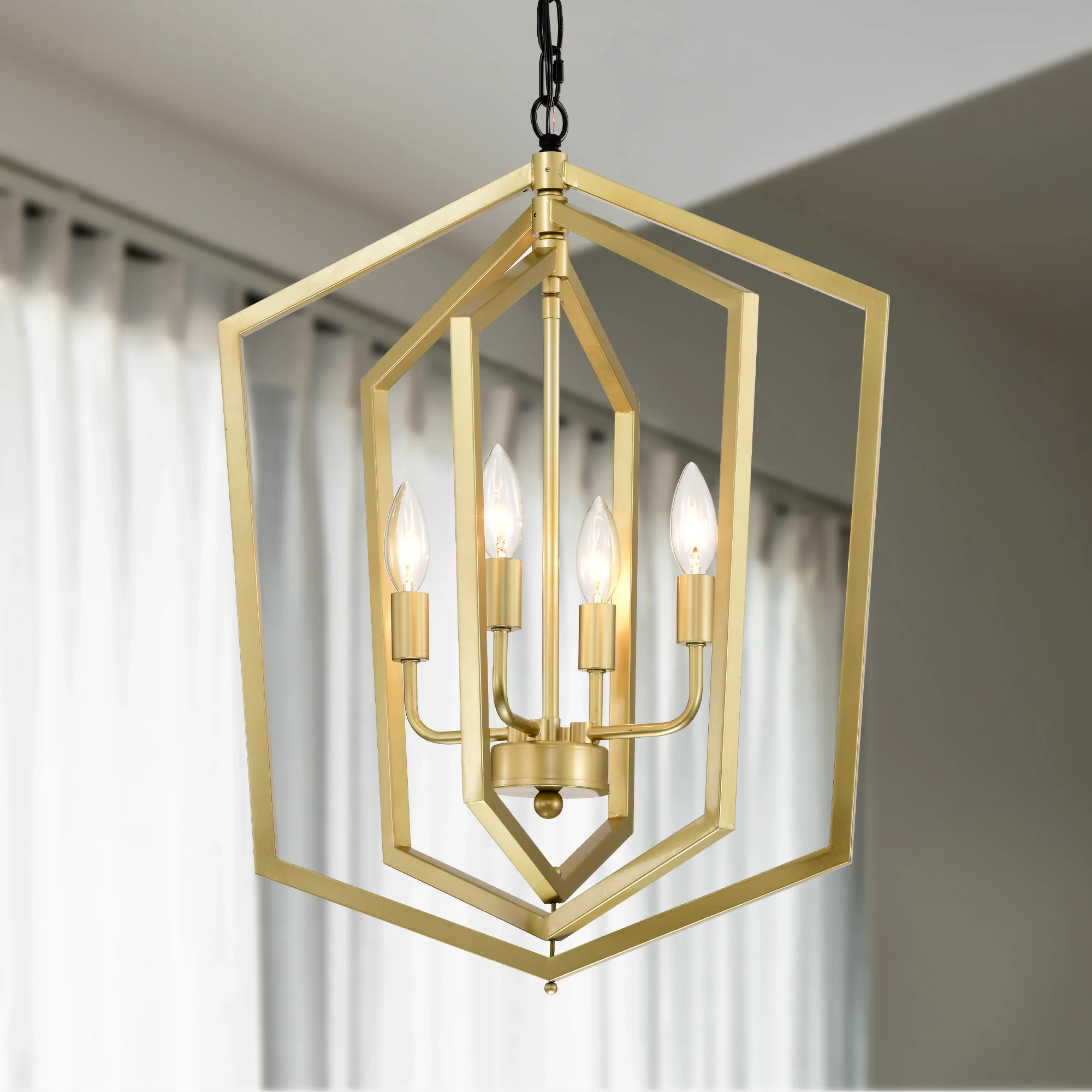 18.1 Inch Rustic Farmhouse Design Gold Chandelier Adjustable Height Geometric Metal Bezel 4 Lights For Living Room