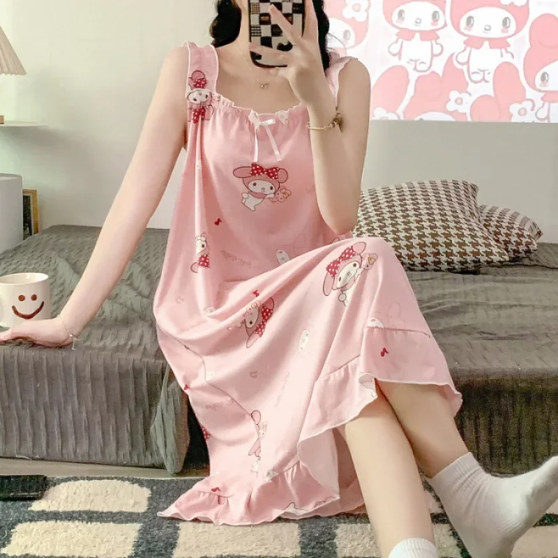 Sanrios Cinnamoroll Kuromi My Melody Anime Cartoon Cute Women Summer Home Clothing Dress Student Girl Pajama Skirt Nightgown