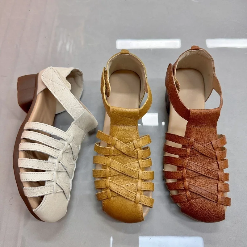 

New authentic leather rome sandals women's retro square heel gladiator woman hollow adjustable sandal ladies low heeled sandals
