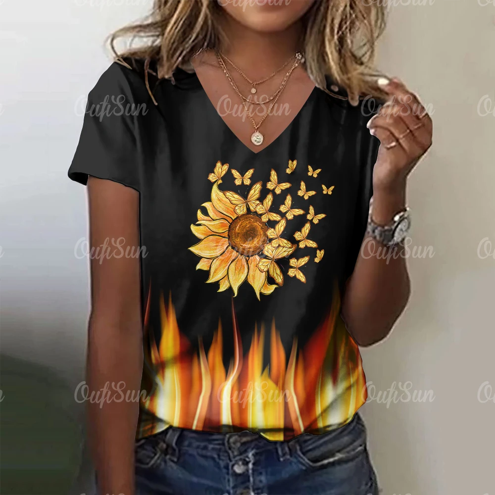 

Flower Print Women's T-shirts Sunflower Pattern Short Sleeves Tees Summer New Women Clothing Casual V-neck Tops Loose Pullover