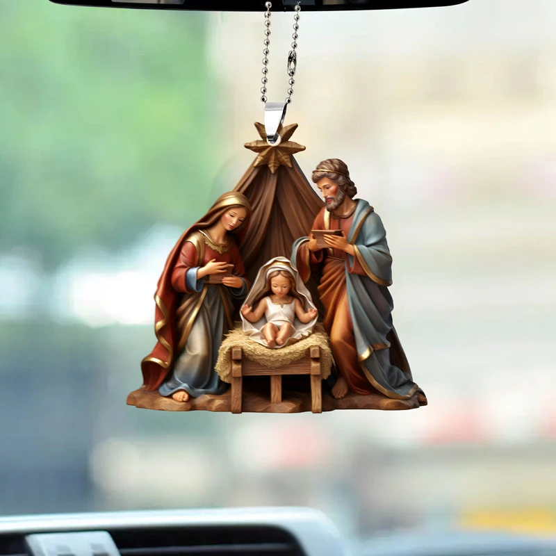 

Creative Religious Acrylic Car Pendant Decoration Ornament Jesus Family Prayer Scene Pendant Car Rearview Mirror Hanging Pendant