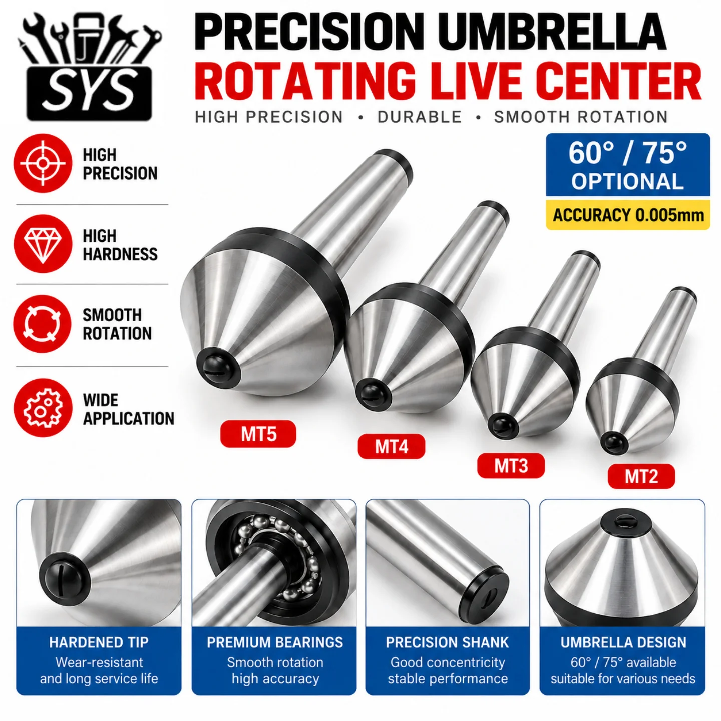 MT2 MT3 MT4 MT5 Morse Taper Umbrella Mushroom Head 60° 75° Rotary Live Center CNC Lathe Tailstock Ejector Pin D60 D80 D100 D120