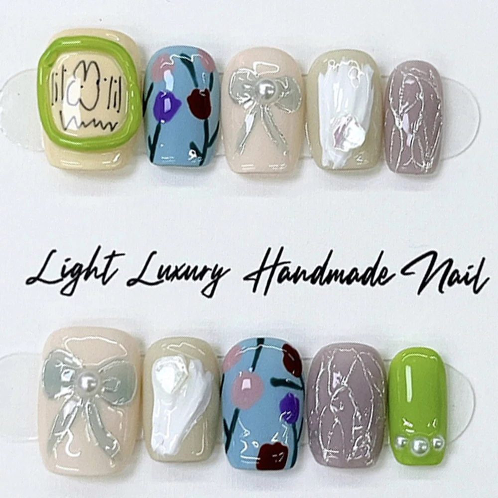 Bonito artesanal curto quadrado redondo unhas falsas olhos de gato lantejoulas coloridas flores pérola strass unhas reutilizáveis festa adesivo