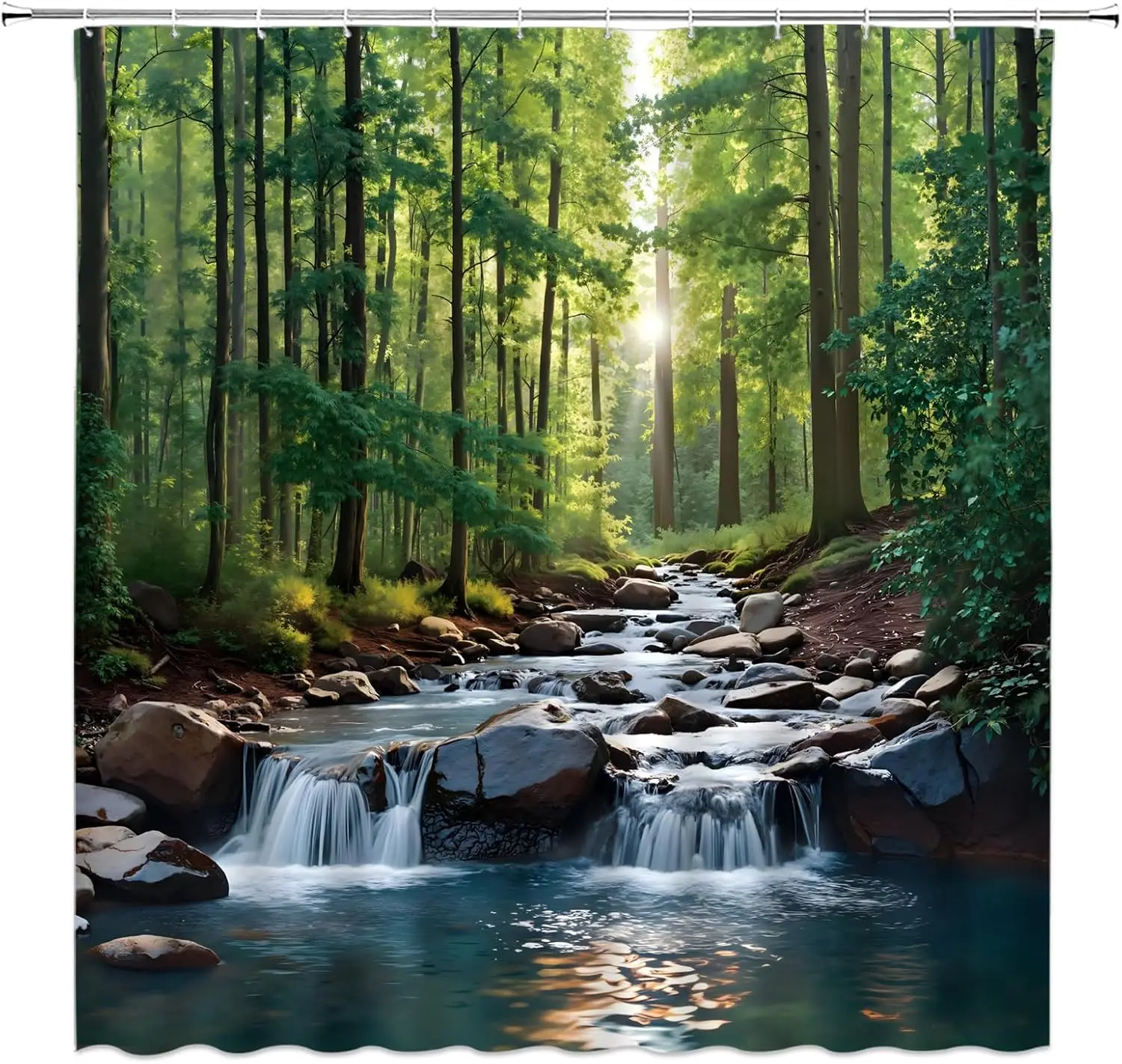 Forest Waterfall Shower Curtain Green Tree Jungle Waterfall Nature Scenery Landscape Bathroom Decor Fabric Curtain with Hooks