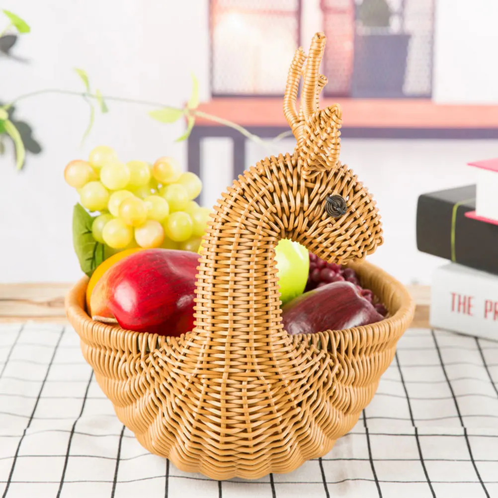 

1Pcs Khaki Plastic Simulated Rattan Fruit Basket Storage Basket Bread Snack Desktop Organizer Kitchen for Home