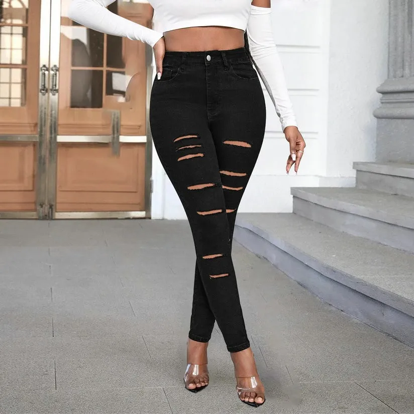 

Sexy High-Waist Denim Capri Pants for Women with Hole Design Long Trousers Tight Fit Jeans Fem Faion Autumn Season