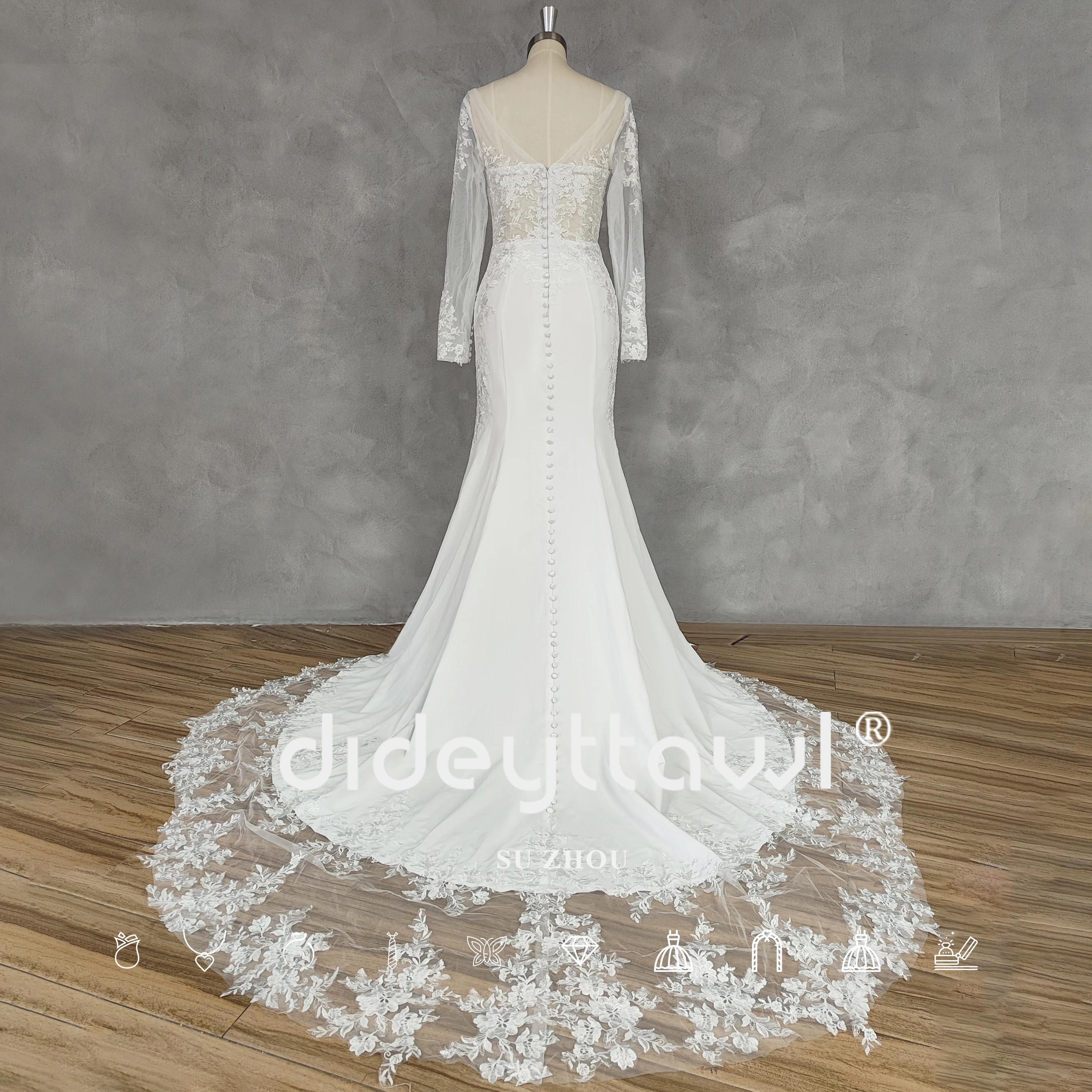 DIDEYTTAWL Real Picture V-Neck Long Sleeves Lace Mermaid Wedding Dress For Women Elegant Illusion Back Court Train Bridal Gown