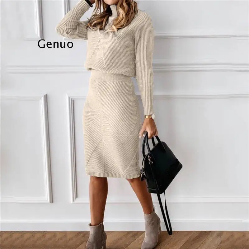 

Women Pullover Fashion Fall/winter 2-piece Set Knitted Garments Turtleneck Solid Color Pullover Sweater+Slim Skirt Two-piece Set