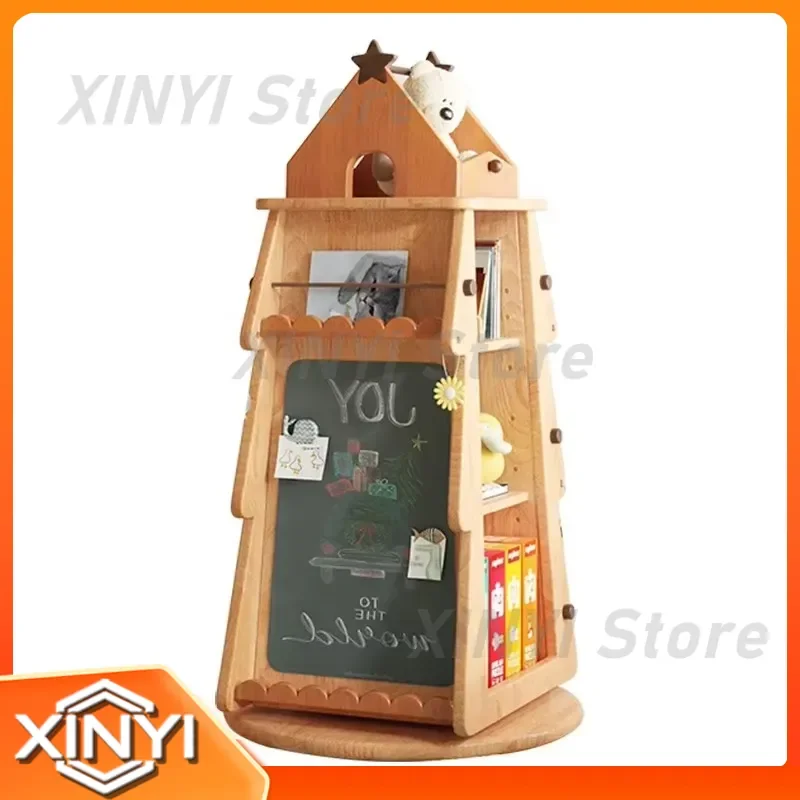 Children's Christmas Tree Toy Storage Rack for Kids Room Solid Wood Cabinet Shelf with Magnetic Blackboard Picture Book