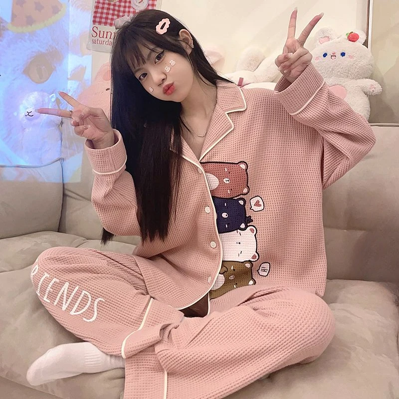 Spring Autumn New Sleepwear Long-Sleeved Knitted Cotton Cute Bear Student Homewear Suit Women Sweet Loose Casual Pajamas Set