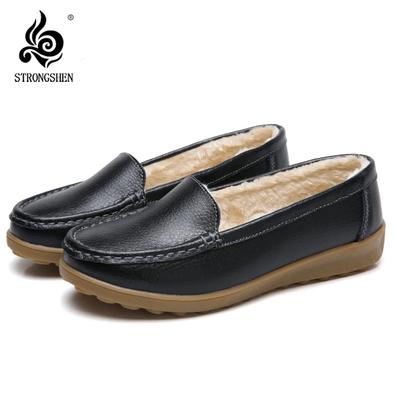 

Genuine Leather Woman Flats Winter Plush Boat Shoes Women Keep Warm Woman Loafers Mother Cotton Shoes Moccasins Zapatos Mujer
