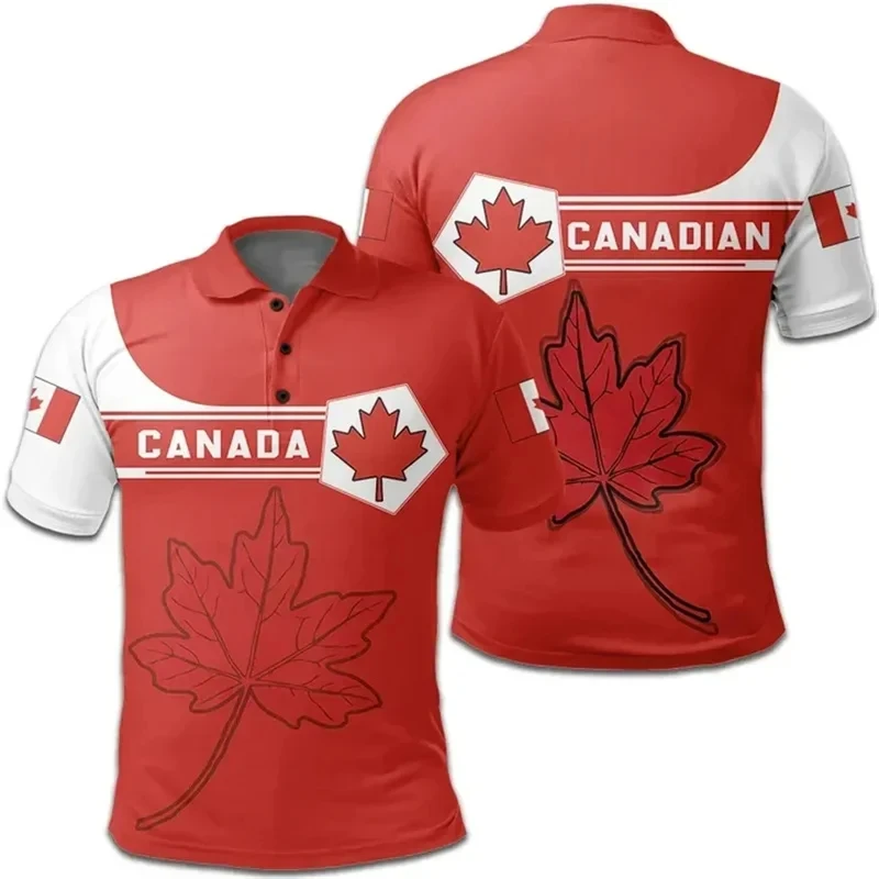 3D Printed Canada National Flag Emblem Polo Shirt Summer Short Sleeve Canada Coat Of Arms Graphic Polo Shirts Men Tee Tops