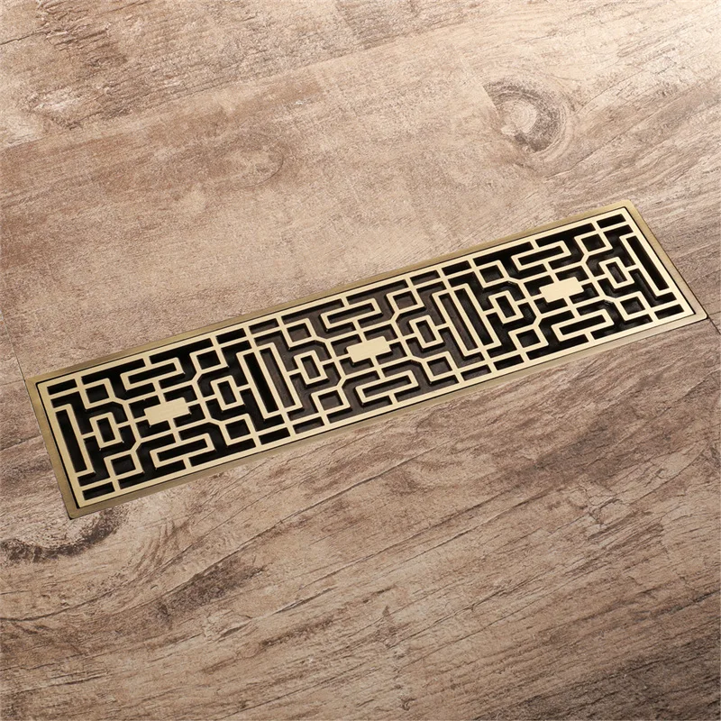 Artistic Antique Brass 300*80mm Bathroom floor drain Good Quality All Copper Shower Room Drainer Fast drainage Prevent odor