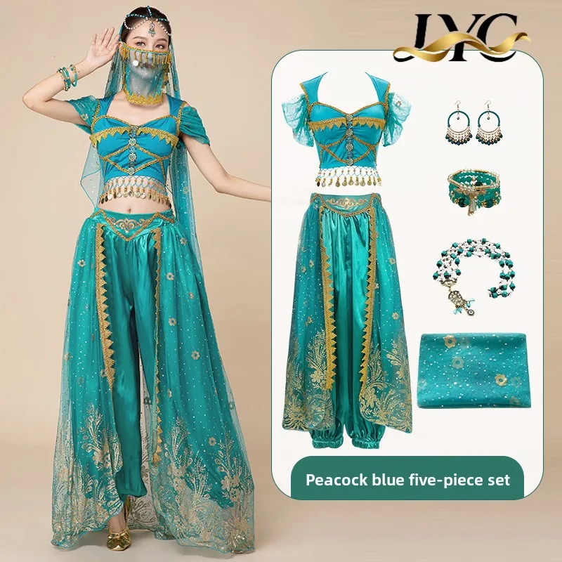 Costume di Halloween Aladdin Jasmine Princess Danza del ventre Abito esotico per le donne Set di spettacoli di ballerini della regione occidentale