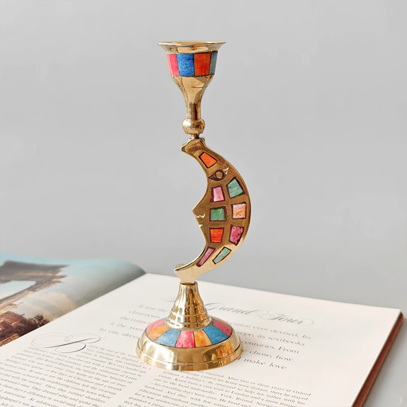 Vintage Nordic Style Handmade Candle Holder Inlaid with Shell, Bone Brass Desktop Art Decoration for Home Romantic Candle Stand