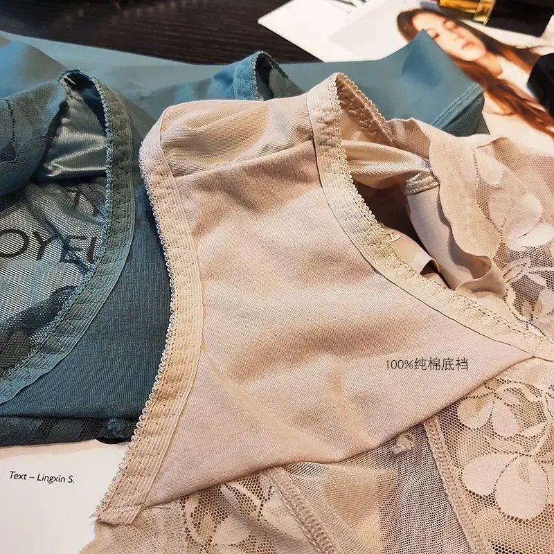 Ropa interior de cintura media de encaje sedoso y cómodo de talla grande para mujer, bragas sexis transpirables con entrepierna de algodón puro para realzar el vientre y la cadera
