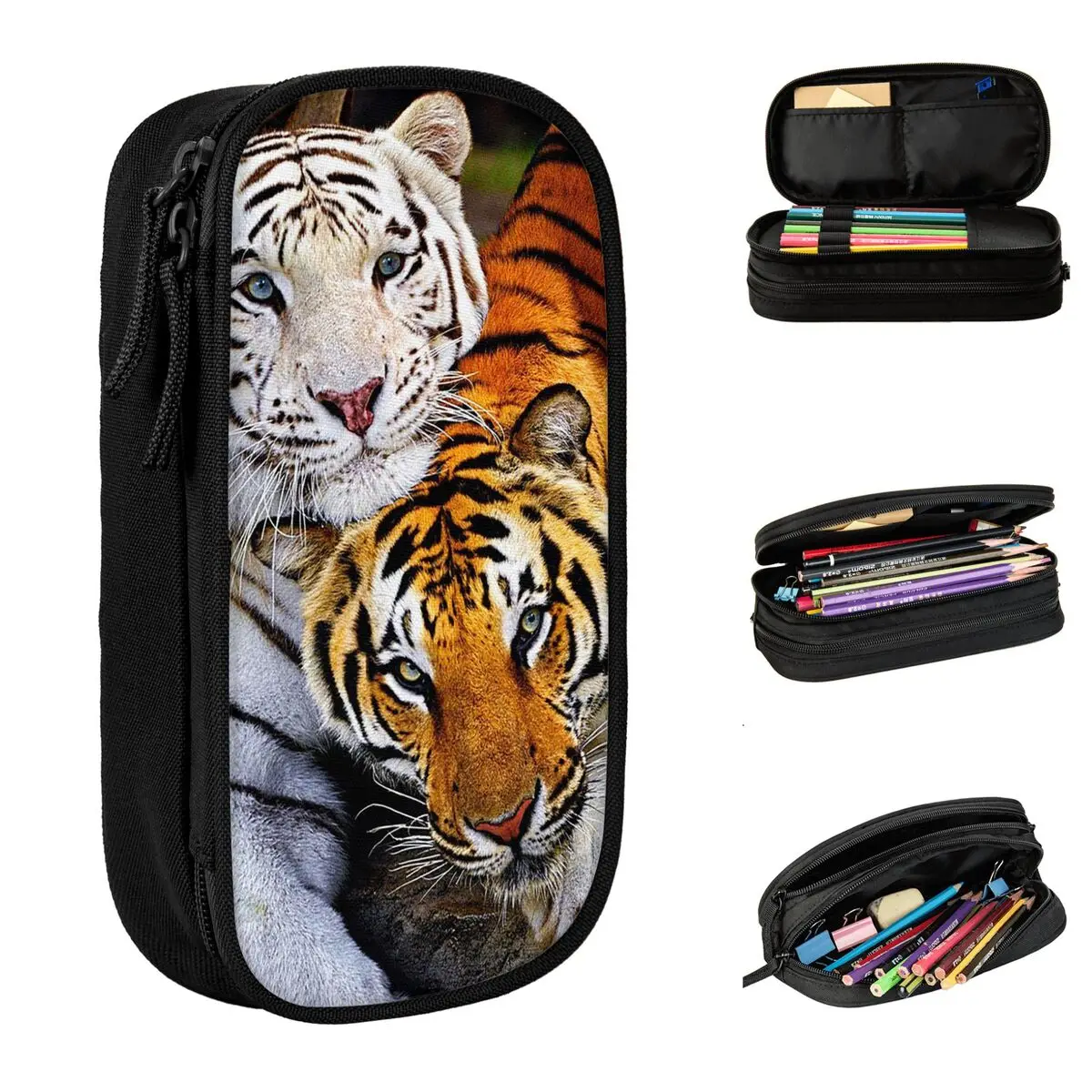 جميل البنغال النمر مقلمة الحيوان قلم رصاص مربع حامل قلم أطفال سعة كبيرة حقيبة مكتب سستة الملحقات